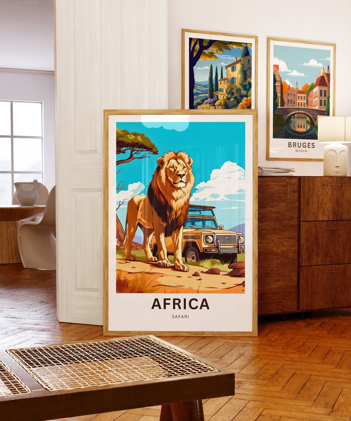 Africa Safari Lion Portrait Safari Jeep Bright Blue Sky Poster - Image 5