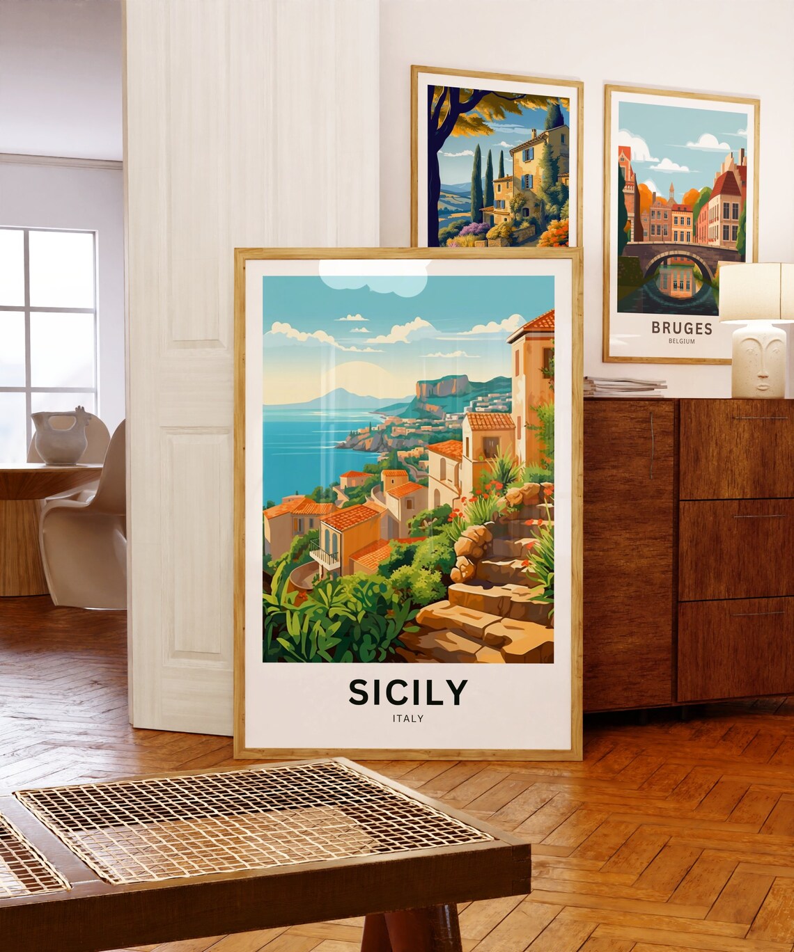 Sicily Italy Custom Text Terracotta Coast Town Seaview Travel Poster - Image 5