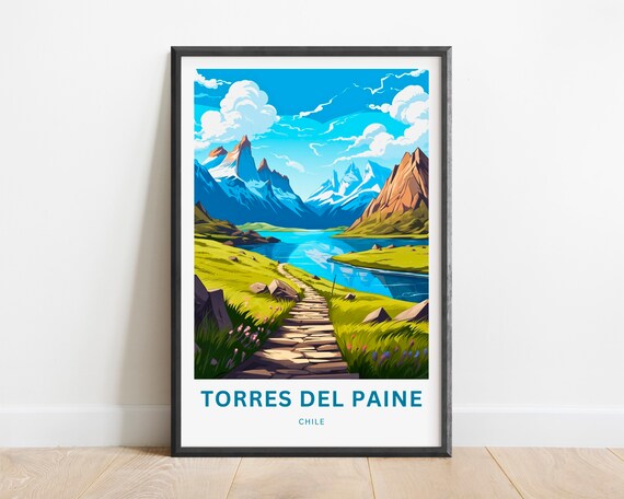Torres Del Paine Chile Stone Path Lake Mountain Scenic Travel Poster