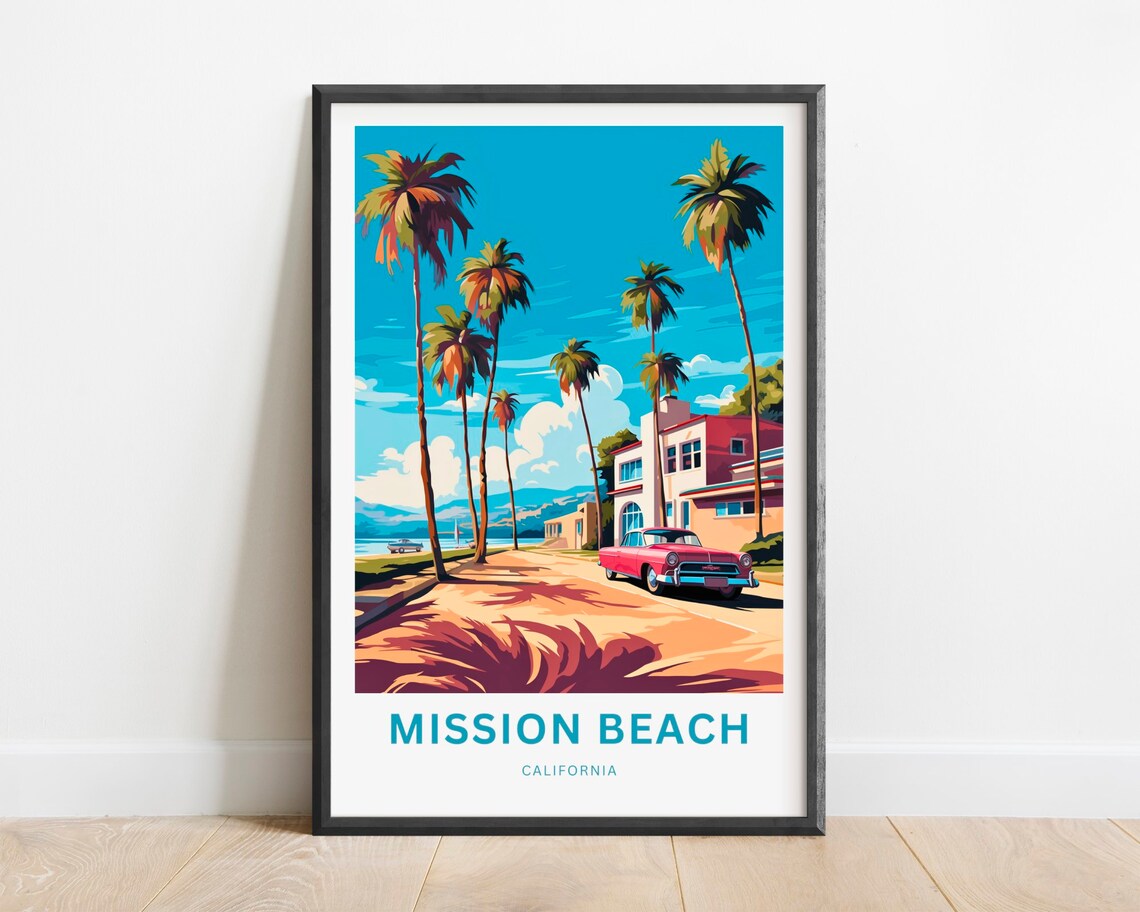 Mission Beach California Palm Trees Red Classic Car Travel Poster