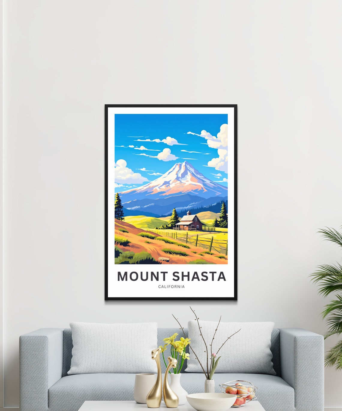 Personalized Mount Shasta California Snowy Peak and Red Barn Poster - Image 3