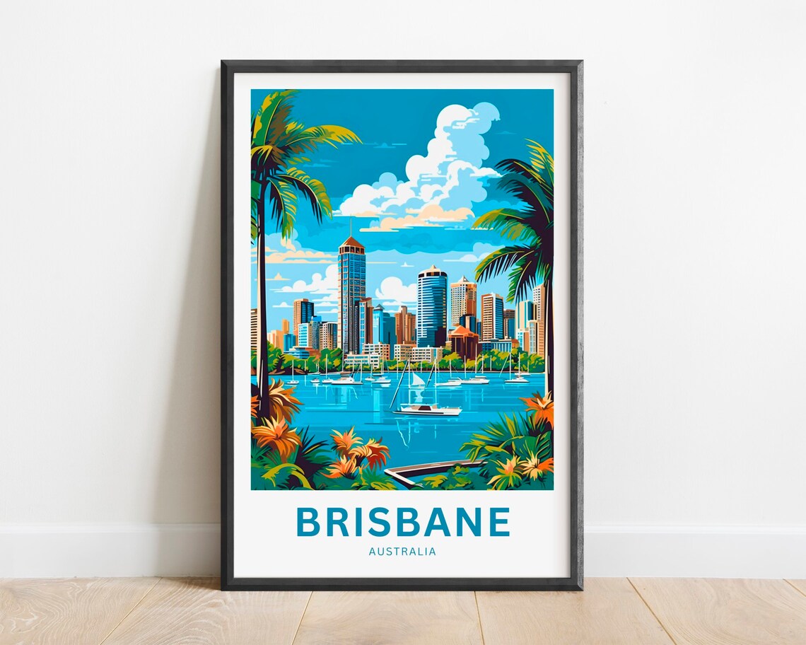 Brisbane Australia Marina Sailboats Harbor Skyline Travel Poster