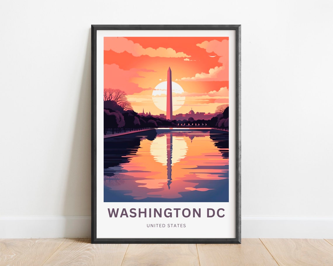Washington DC Monument Reflecting Pool Sunset Sun Glow Travel Poster