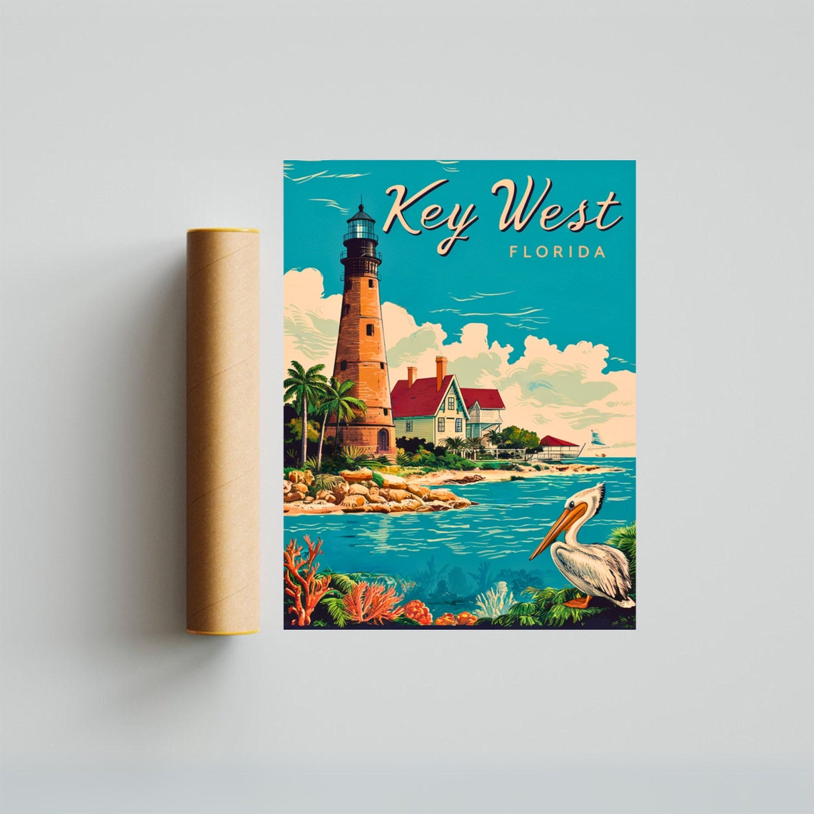 Key West Florida Lighthouse Pelican Coastal Vintage Travel Poster - Image 3