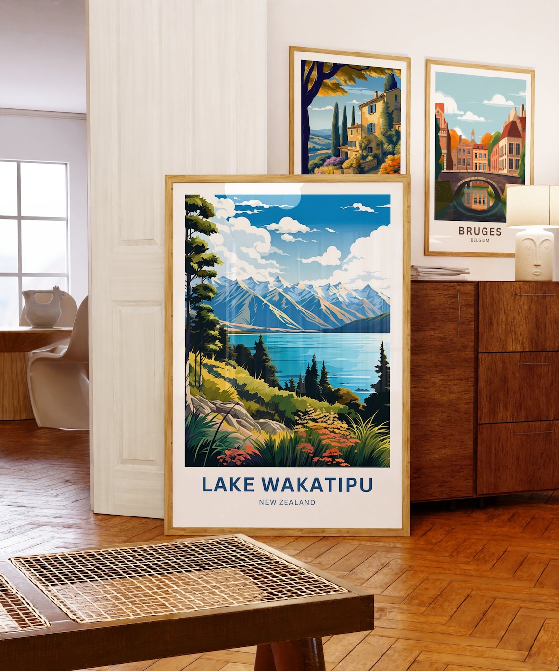 Lake Wakatipu New Zealand Rocky Shore Wildflowers Scene Poster - Image 5