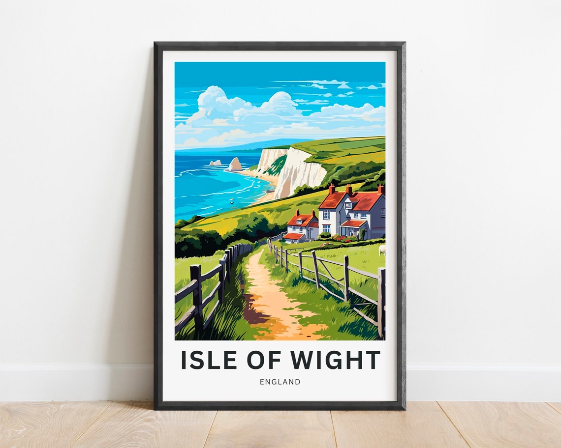 Isle of Wight England Fenced Path Cottages Sea Stacks Poster