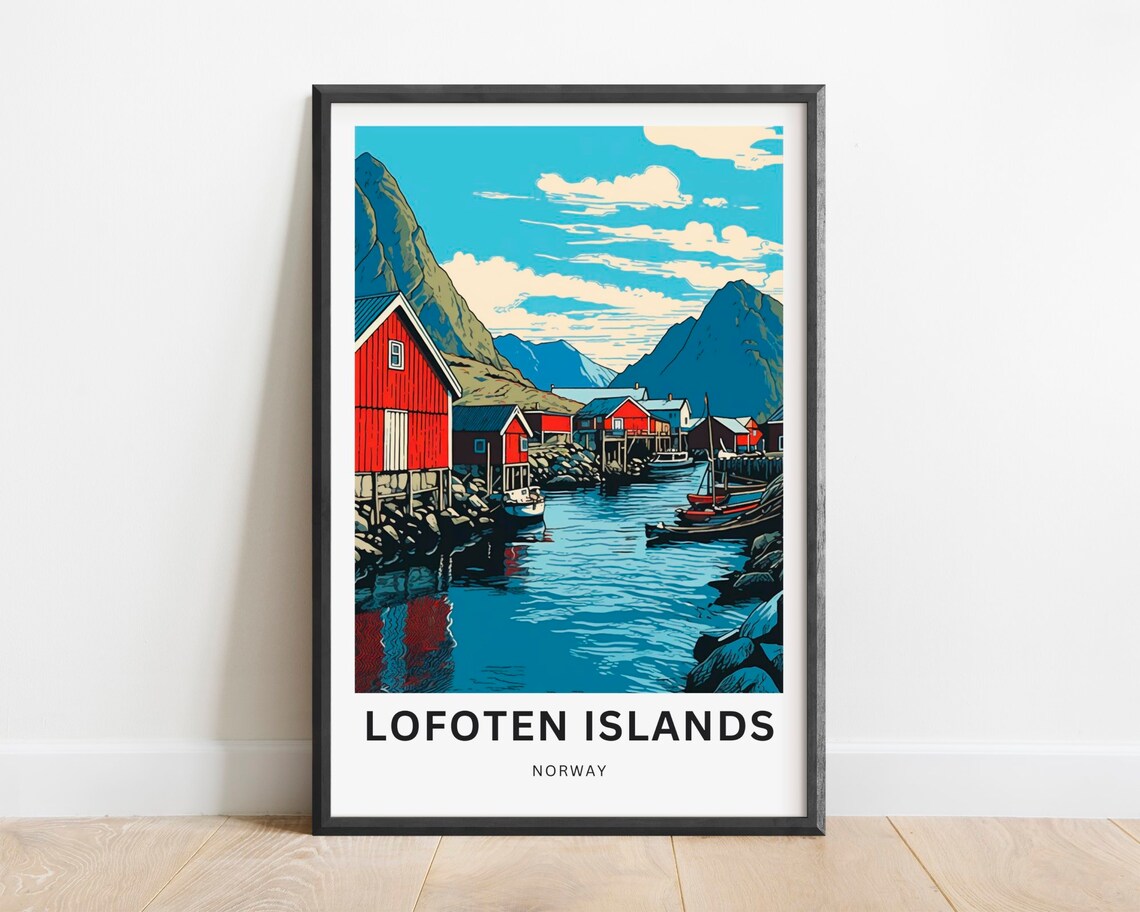 Lofoten Islands Norway Red Fishing Cabins Harbor Travel Poster