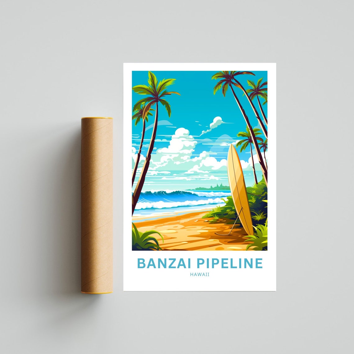 Banzai Pipeline Hawaii Surfboard on a Tropical Beach Art Poster - Image 4
