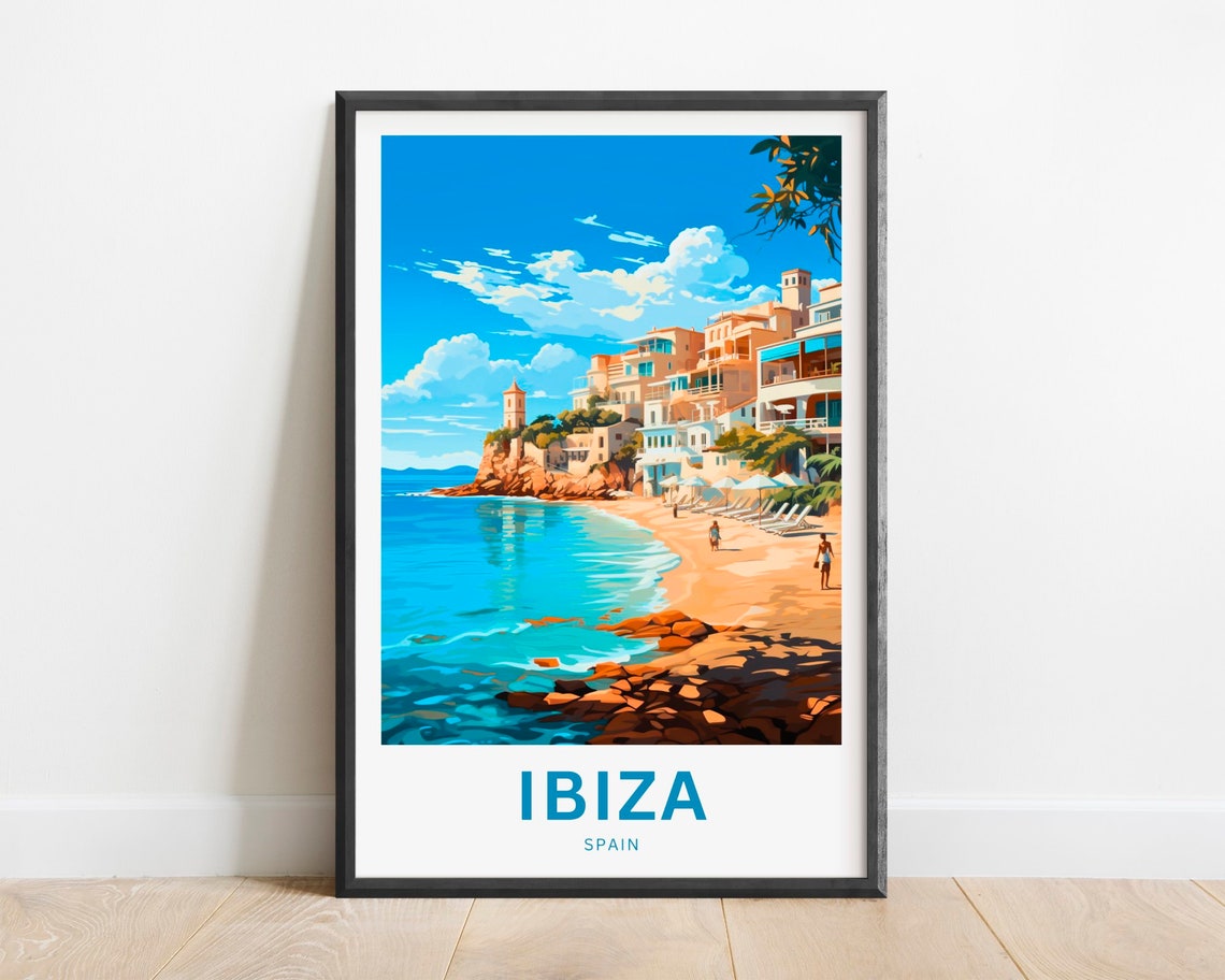 Ibiza Beach Clifftop Old Town Tower Turquoise Sea Spain Travel Poster