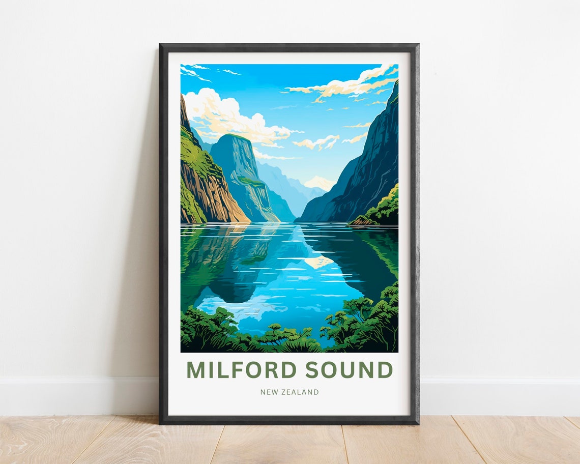 Milford Sound New Zealand Sailboat on Blue Fjord Retro Travel Poster