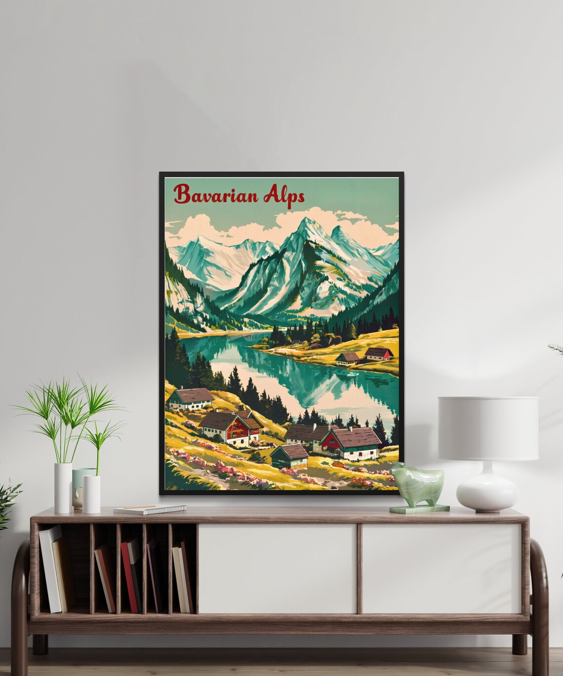 Bavarian Alps Germany Travel Poster Mountain Lake Village Vintage Art - Image 2