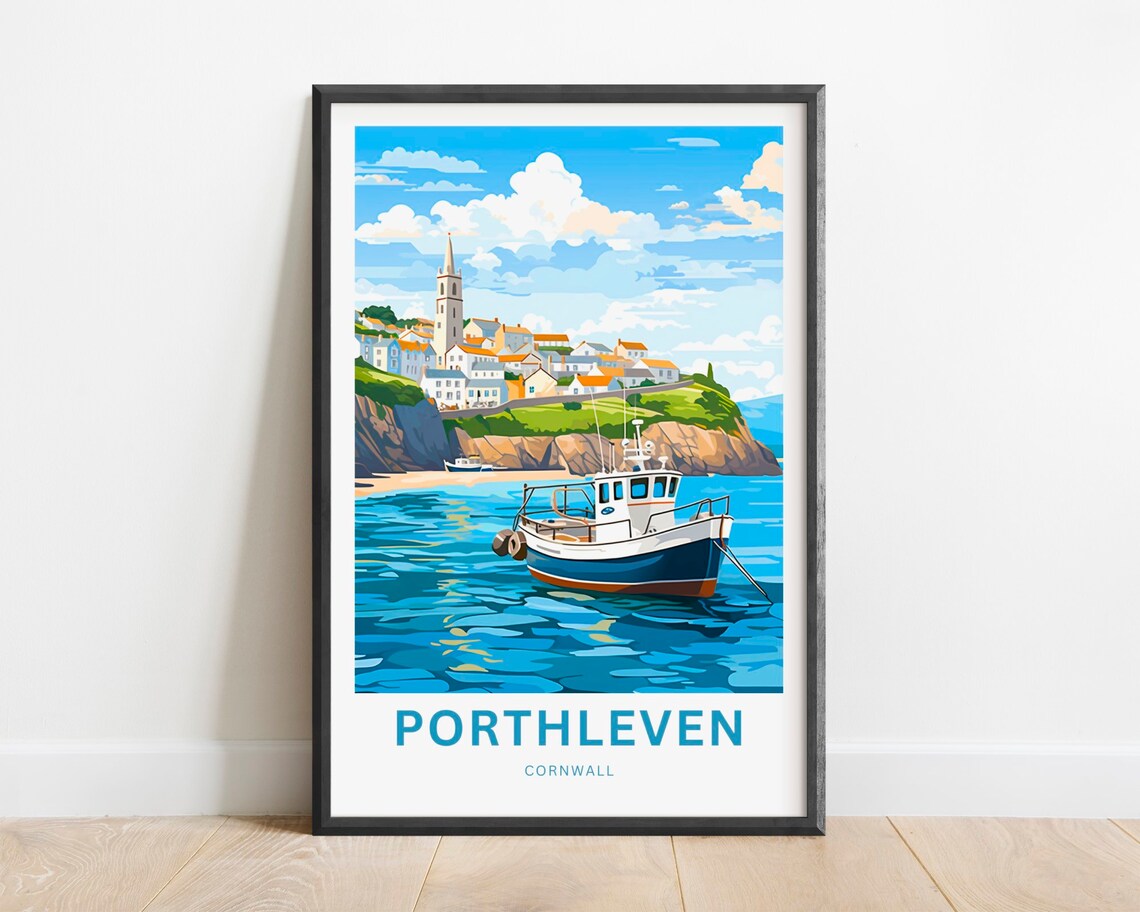 Porthleven Cornwall Travel Poster Fishing Boat Harbour Village