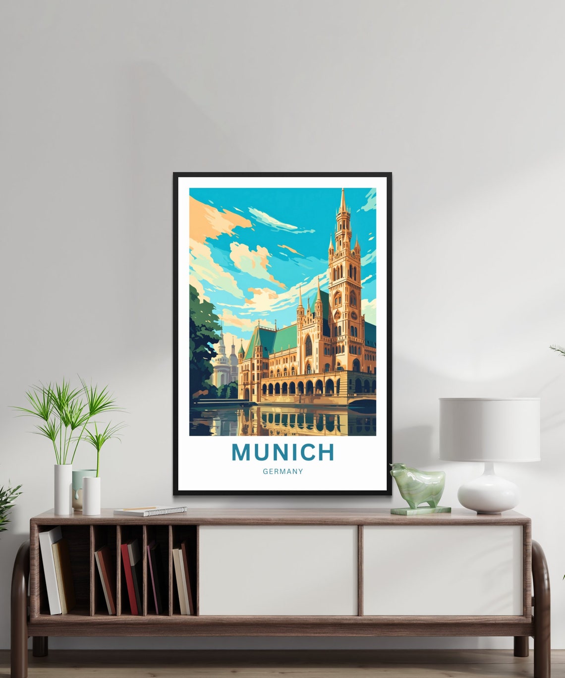 Munich Germany Gothic City Hall Water Reflection Scenic Poster - Image 2