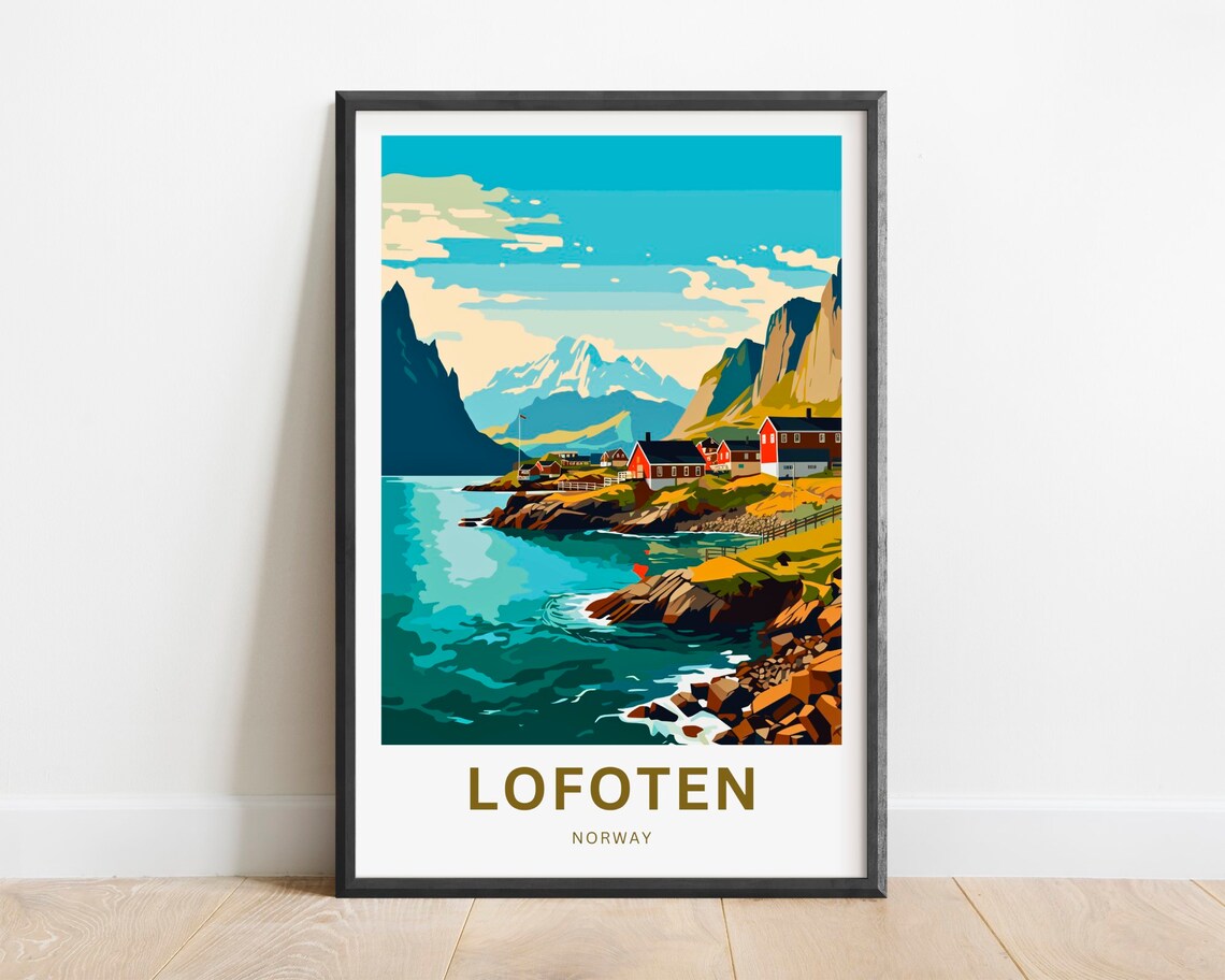 Lofoten Norway Turquoise Bay Fishing Village Snowy Peak Poster