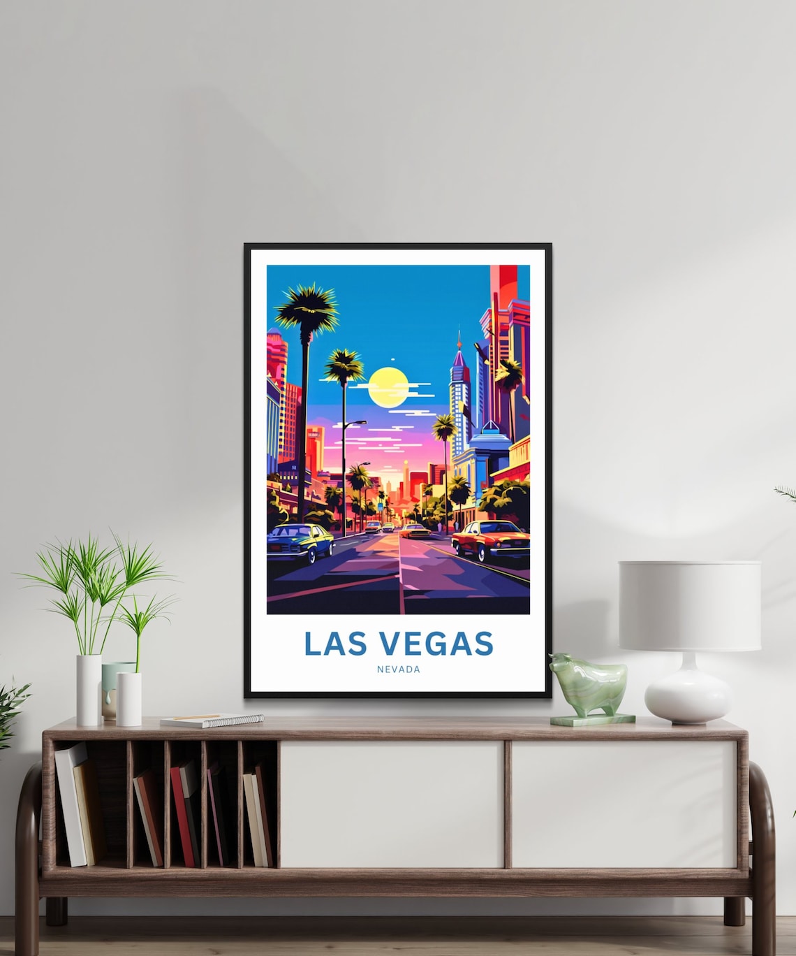 Las Vegas Nevada Sunset Strip Palms Vintage Cars Travel Poster - Image 2