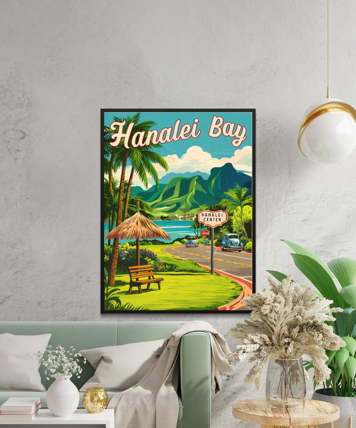 Hanalei Bay Hawaii Palm Roadside Scene Vintage Travel Poster - Image 3