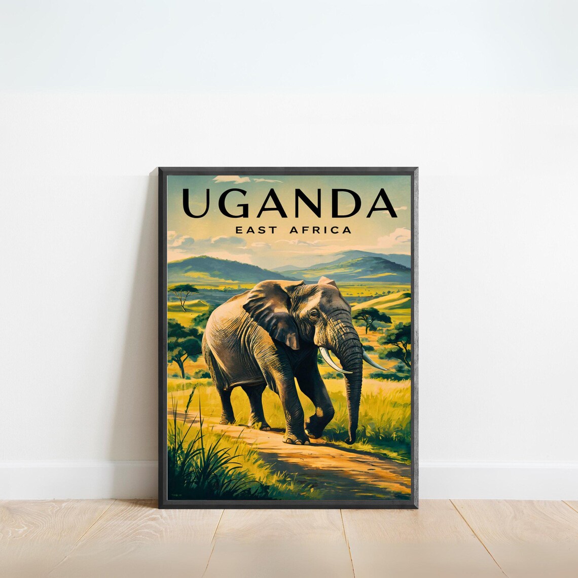 Uganda East Africa Elephant Safari Savanna Wildlife Travel Poster
