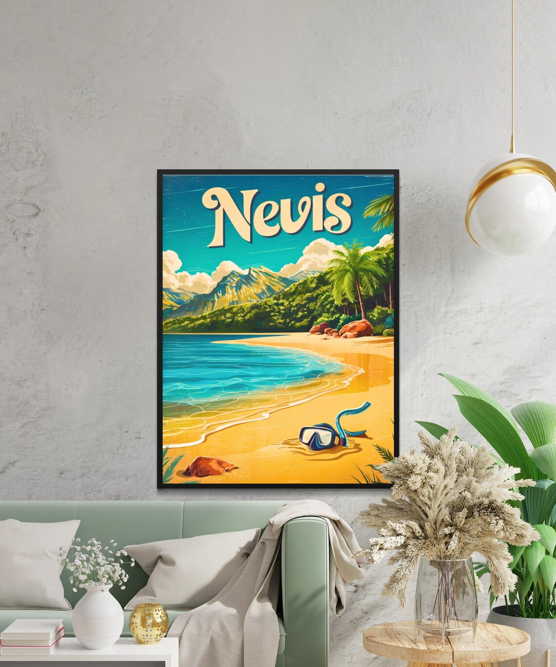 Retro Nevis Caribbean Snorkel Beach Mountain Vintage Travel Poster - Image 2