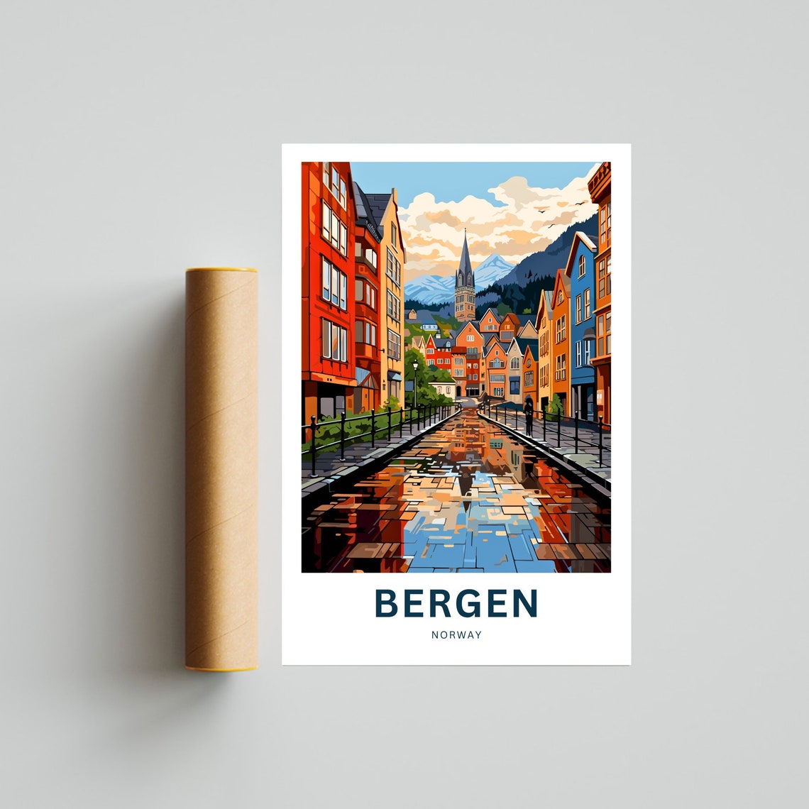 Personalized Bergen Norway Rainy Cobblestone Street Scene Poster - Image 4