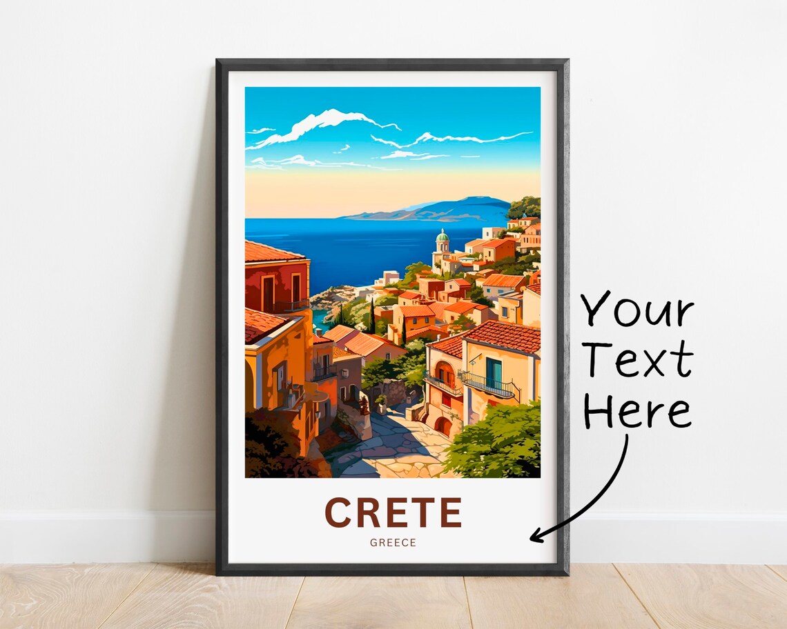 Crete Greece Sunlit Village Lane Stone Houses Sea Travel Poster