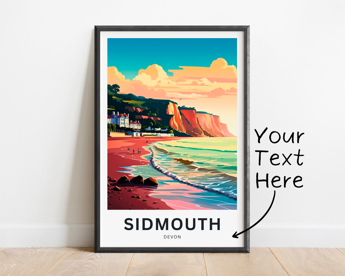 Personalized Sidmouth Devon Red Cliffs Beach and Town Retro Poster