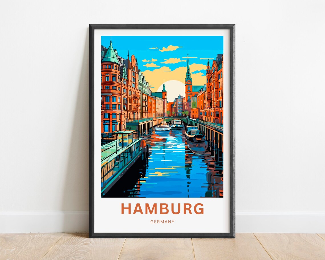 Hamburg Germany Picturesque Canal Boats Golden Hour View Poster
