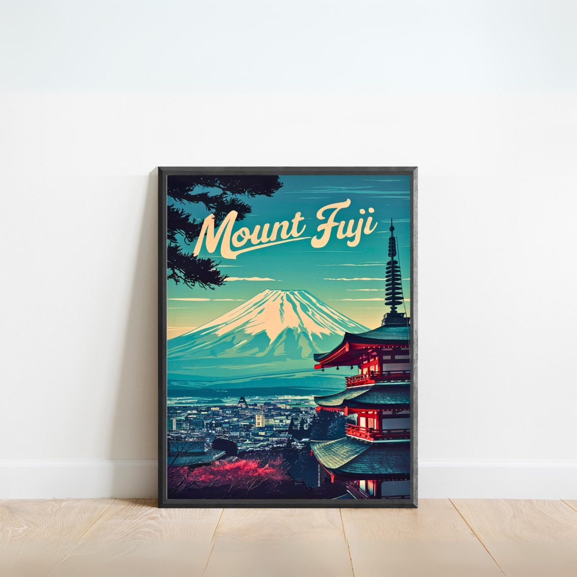 Mount Fuji Japan Cream Script Pagoda Cherry Blossom Travel Poster
