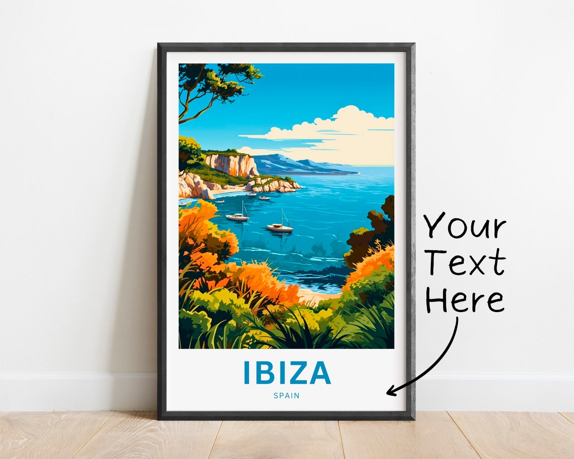 Ibiza Spain Cliffs Boats Coastal Blooms Personalized Travel Poster