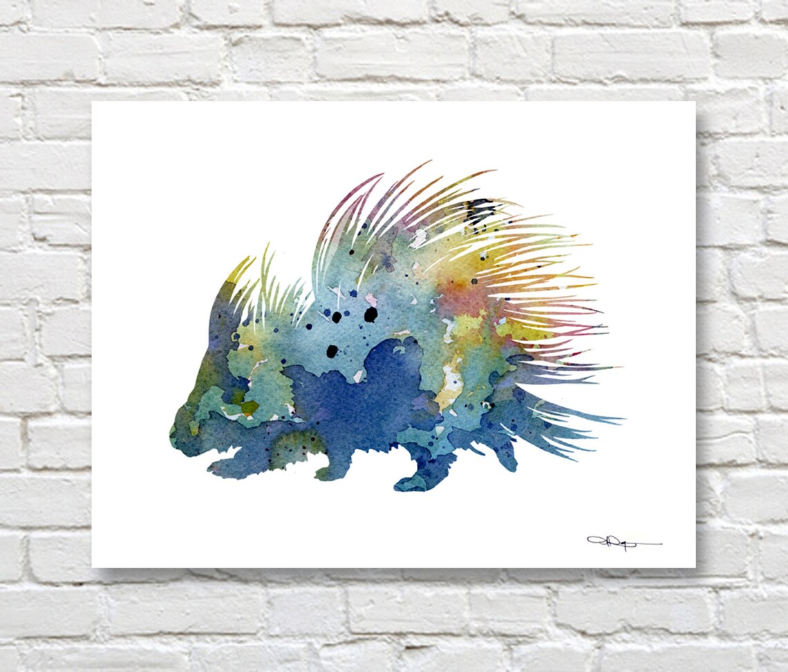 Blue Watercolor Porcupine with Colorful Quills Wildlife Art Print