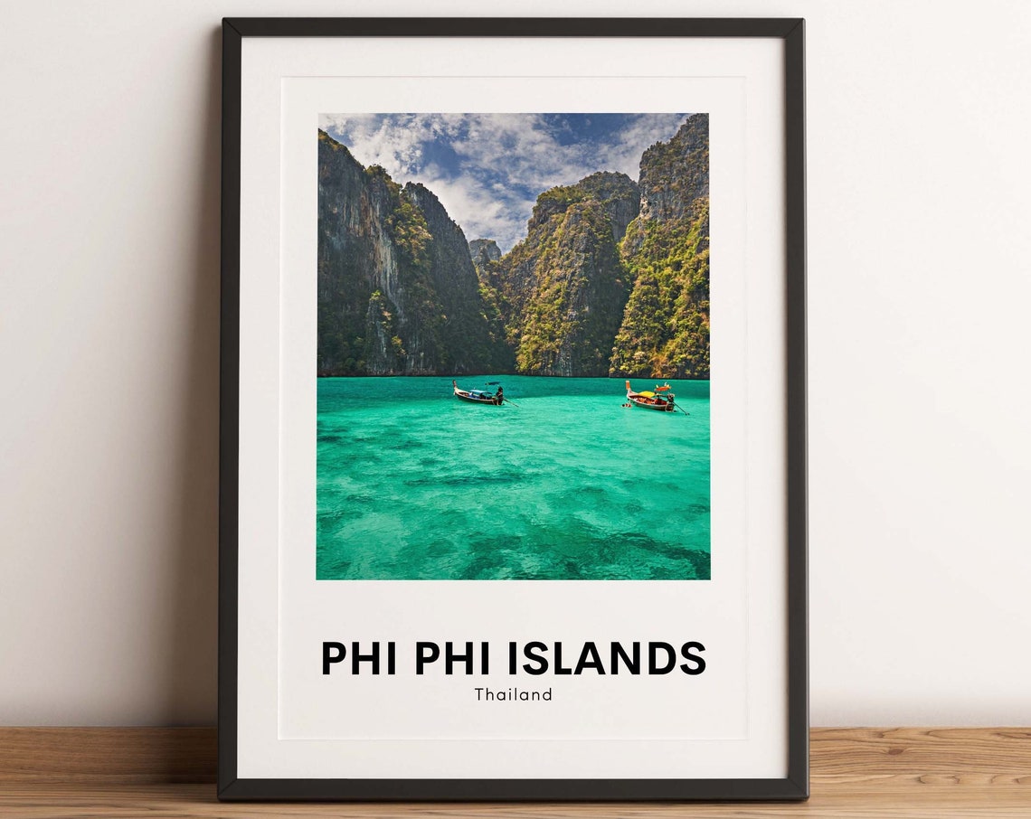 Phi Phi Islands Thailand Poster with Longtail Boats in Turquoise Bay