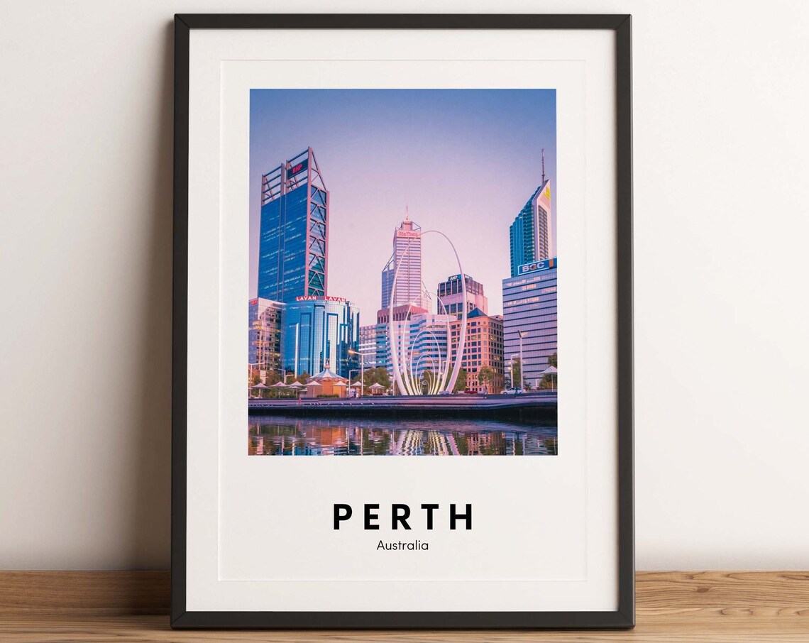 Perth Australia Travel Poster of City Skyline and Swan River Sunset