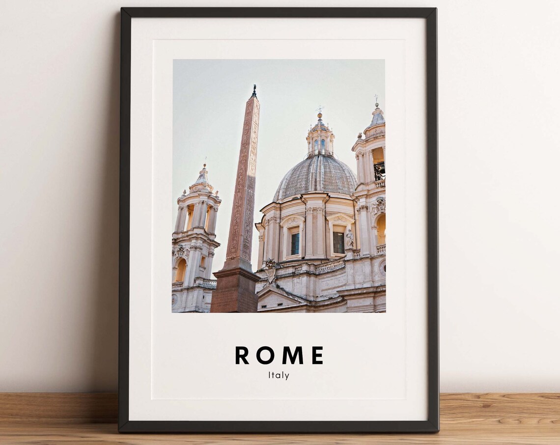 Rome Italy Travel Poster of Piazza Navona Obelisk and Baroque Church