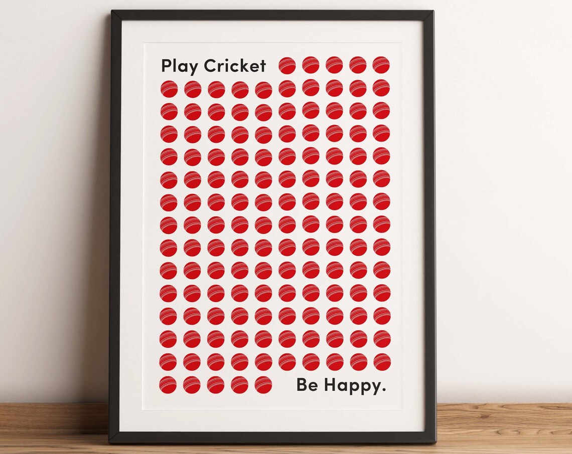 Play Cricket Be Happy Red Balls Minimalist Sport Grid Art Poster