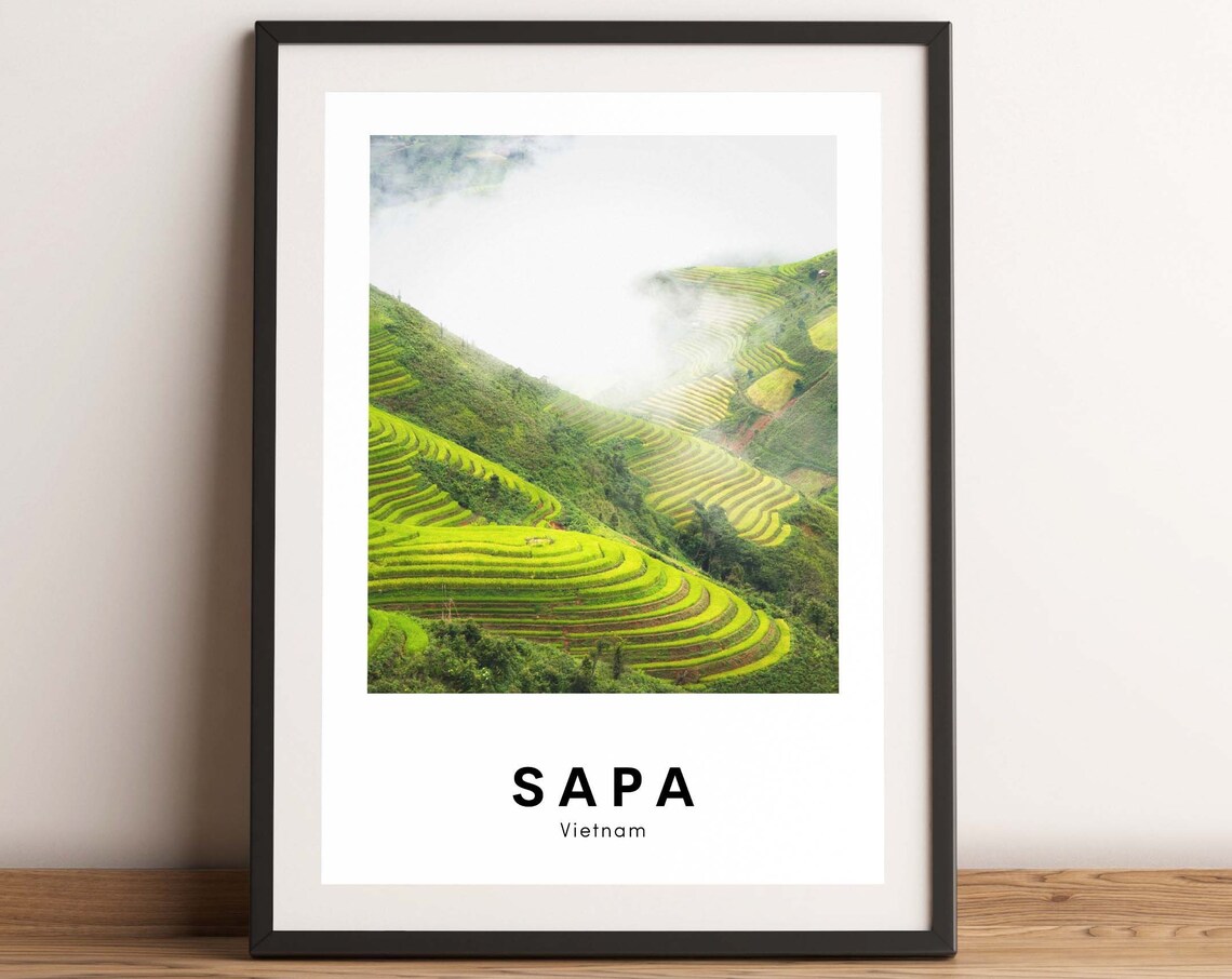 Sapa Vietnam Travel Poster of Misty Green Rice Terraces in the North