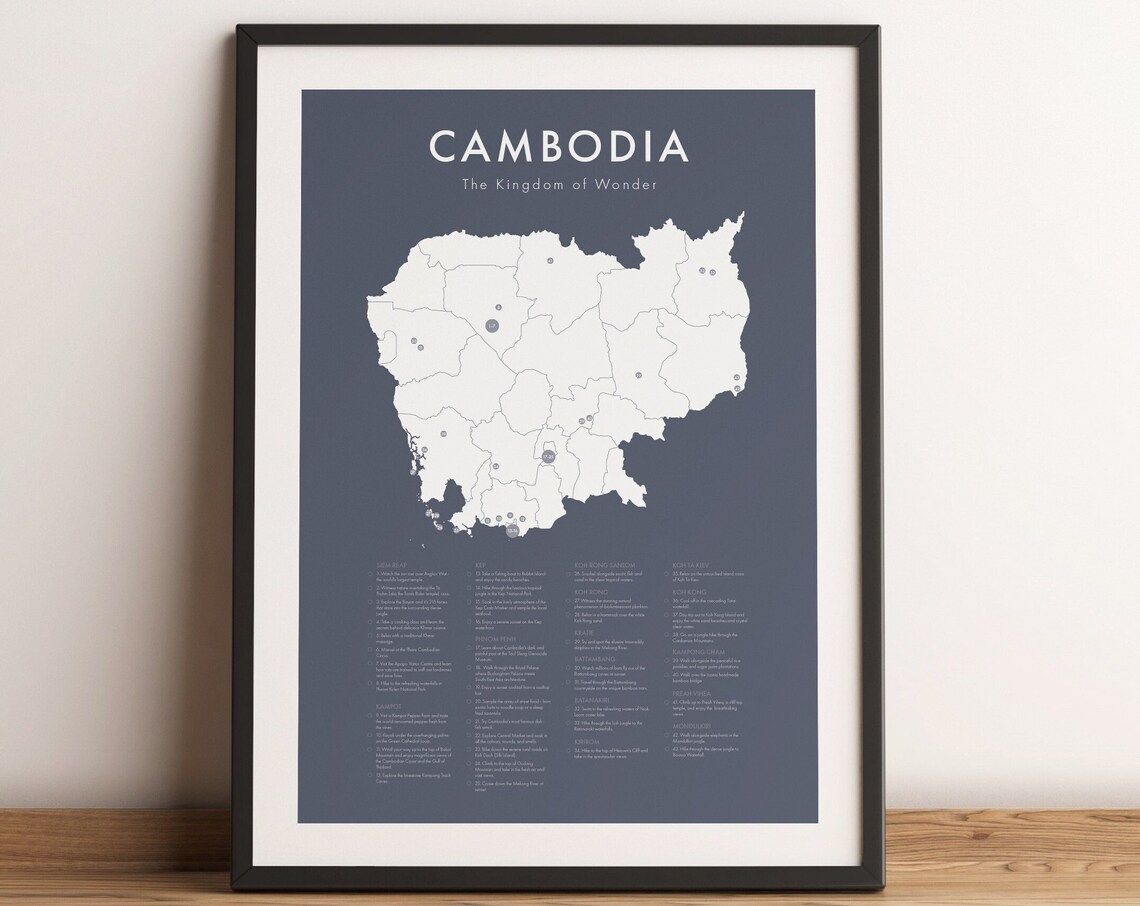 Cambodia Map Travel Poster, Phnom Penh Siem Reap