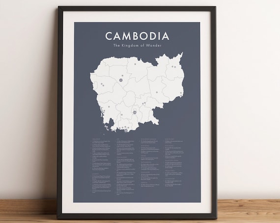 Cambodia Map Travel Poster, Phnom Penh Siem Reap