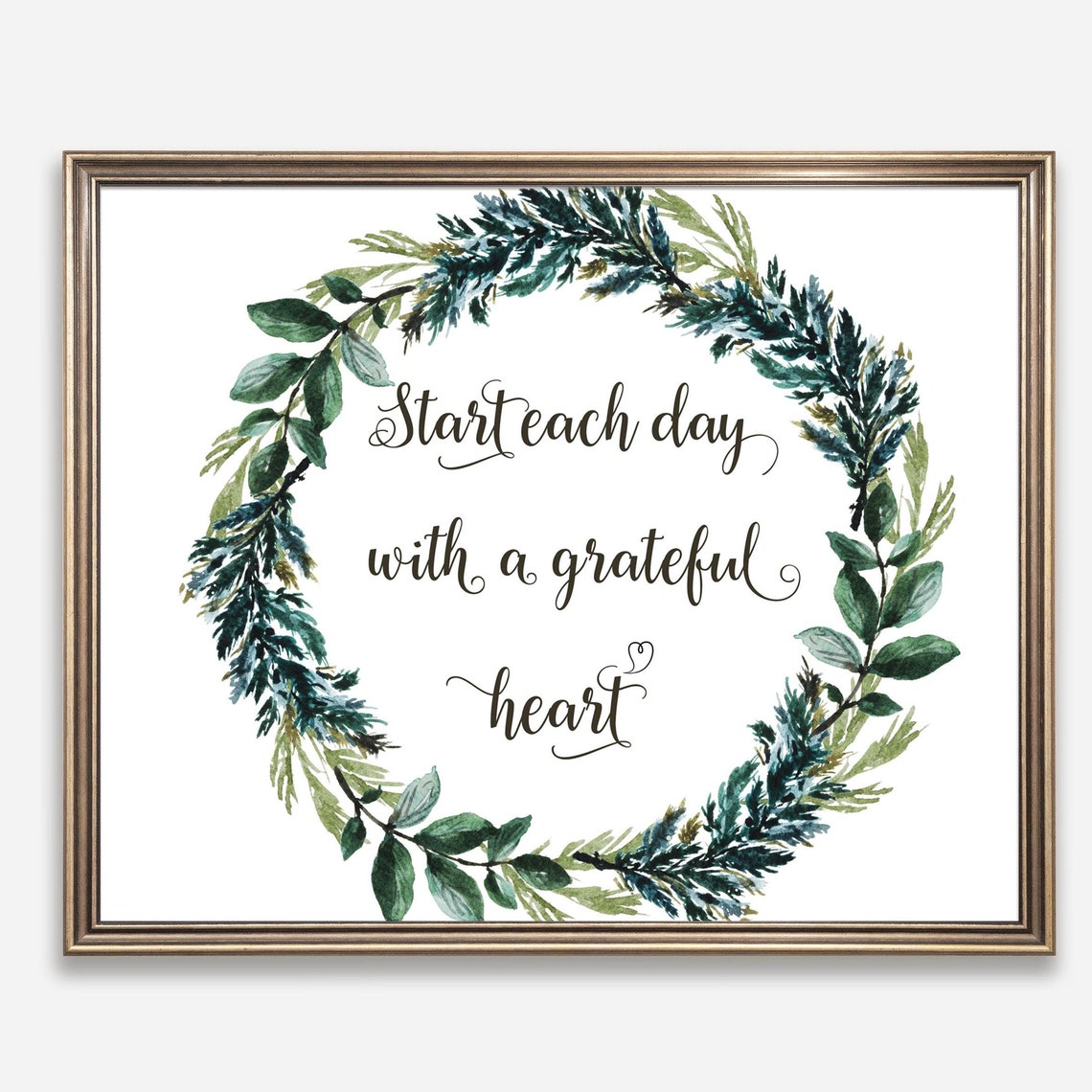 Start Each Day With A Grateful Heart Green Wreath Watercolor Poster
