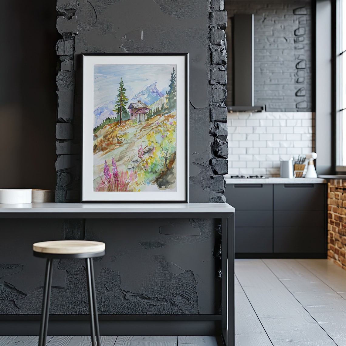 Mountain Cabin Watercolor Alpine Wildflowers Summer Art Poster - Image 5