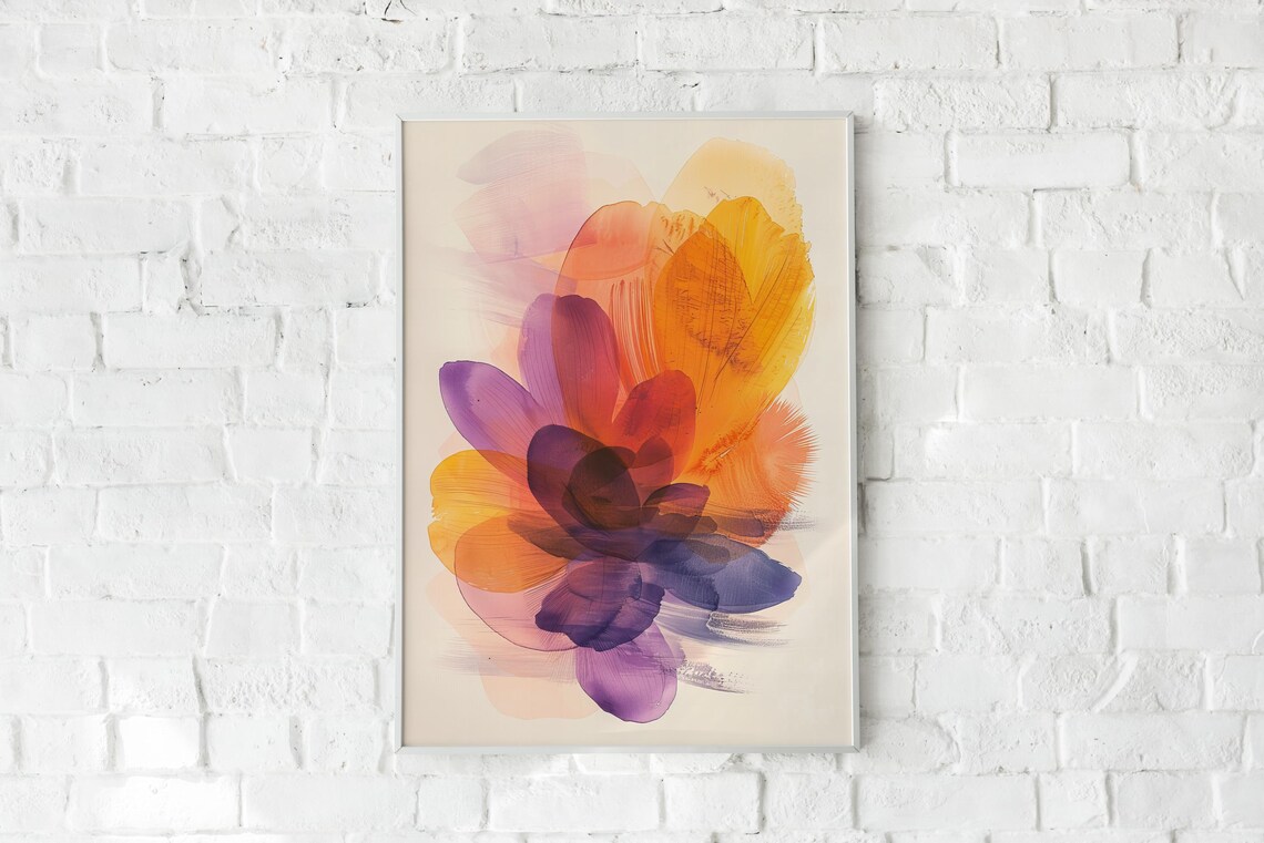 Abstract Floral Petals Watercolor Purple Orange Modern Art Poster - Image 2