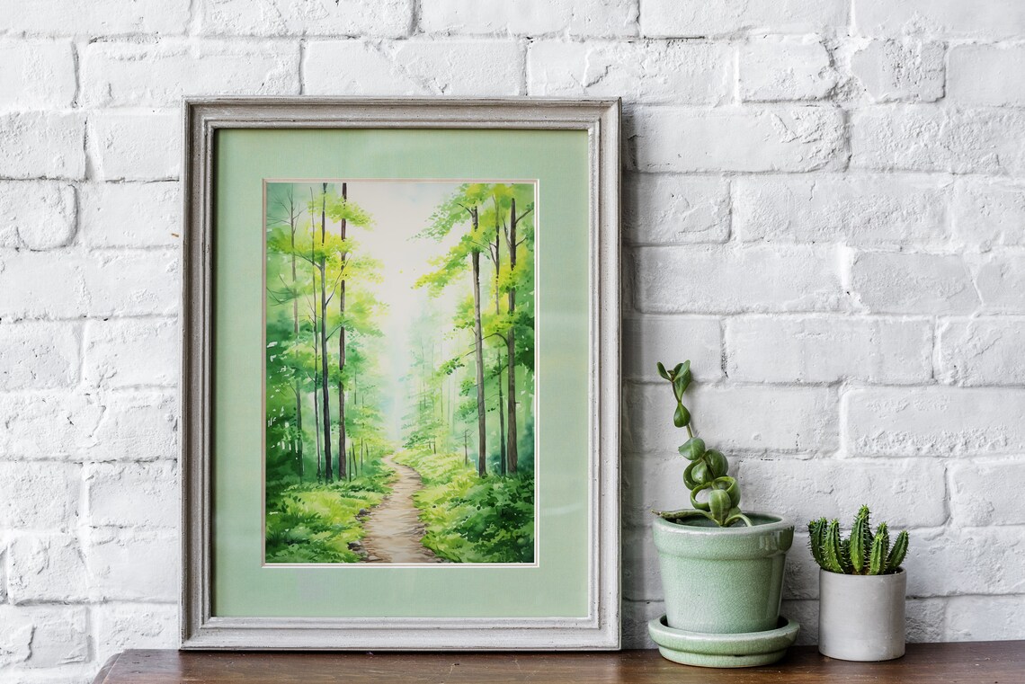 Sunlit Green Forest Path Bright Watercolor Lush Woodland Art Poster - Image 3