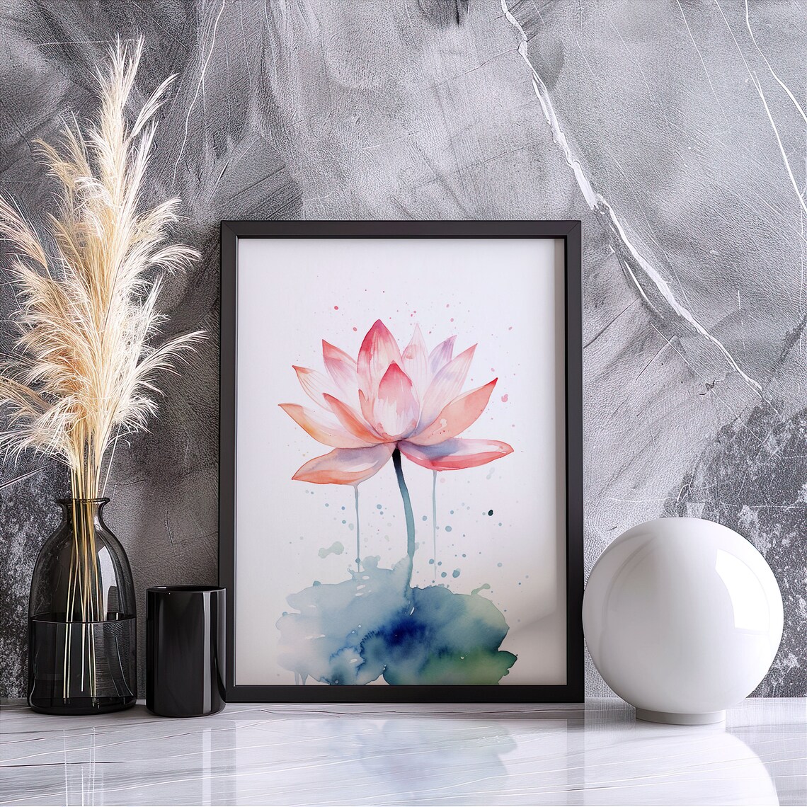 Pink Lotus Watercolor Blossom with Blue Splash Minimalist Floral Art Poster - Image 3