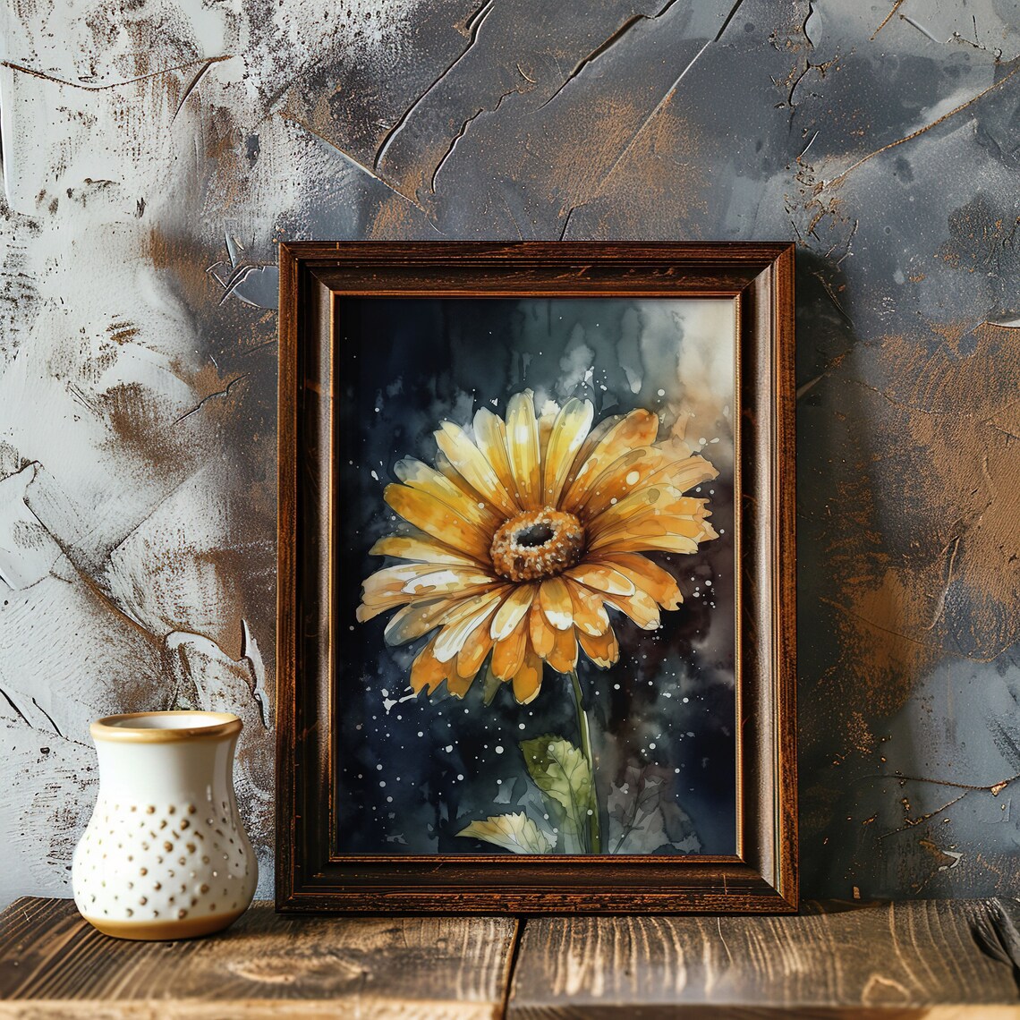 Yellow Daisy Flower Watercolor Bold Dark Floral Scene Poster - Image 4