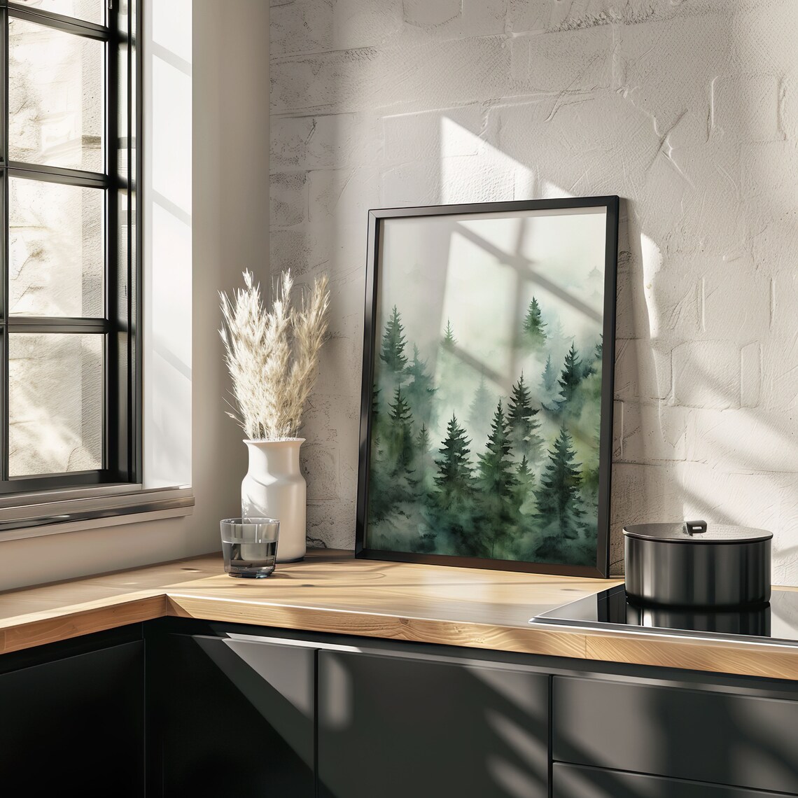 Green Foggy Fir Forest Watercolor Painting Poster for Calm Bedrooms - Image 4
