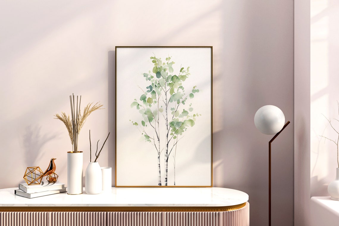 Green Birch Tree Watercolor Minimalist Spring Nature Art Poster - Image 3