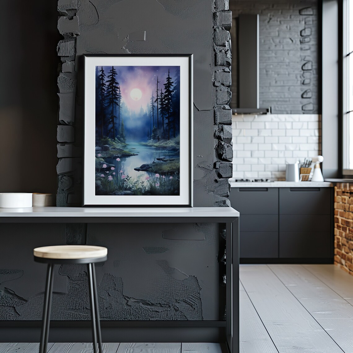 Moonlit Lake Pine Forest Watercolor Painting Poster with Pink Wildflowers - Image 3
