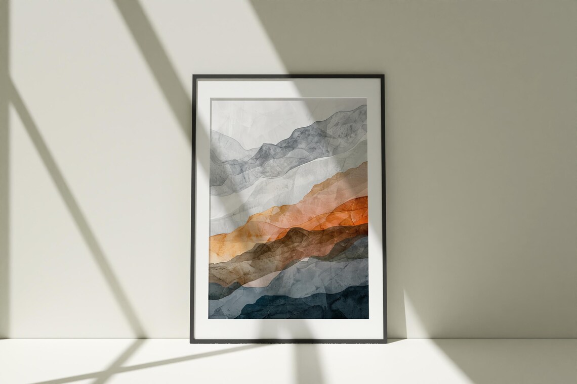 Abstract Mountain Layers Watercolor Gray Rust Sunset Art Poster
