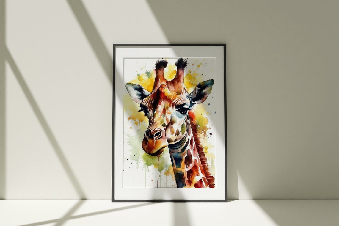 Giraffe Watercolor Portrait Yellow Splash Safari Animal Poster - Image 3
