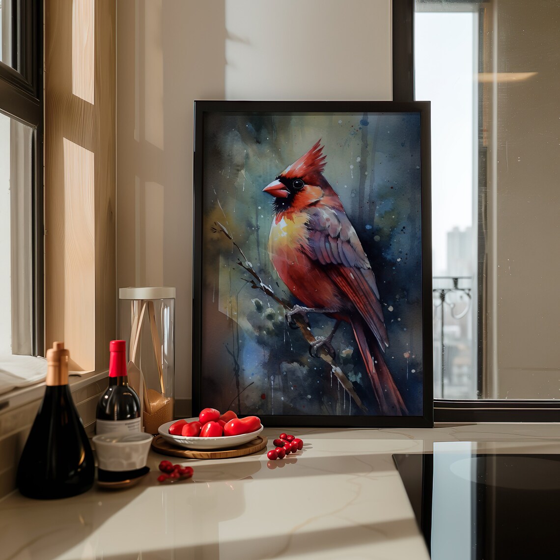 Red Cardinal Bird Watercolor Perched Winter Songbird Art Poster - Image 2