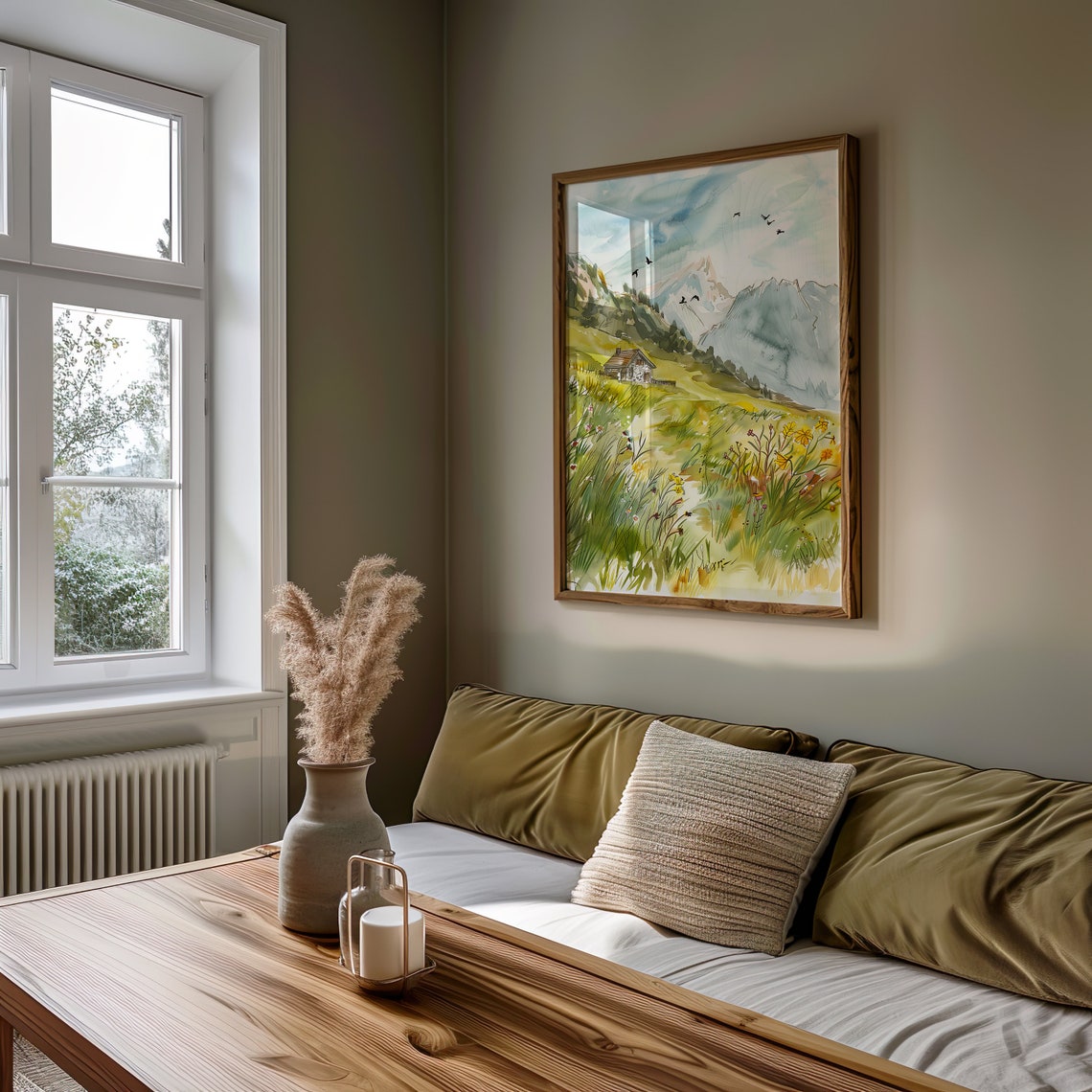 Alpine Meadow Cabin Watercolor Mountain Birds Landscape Art Poster - Image 3