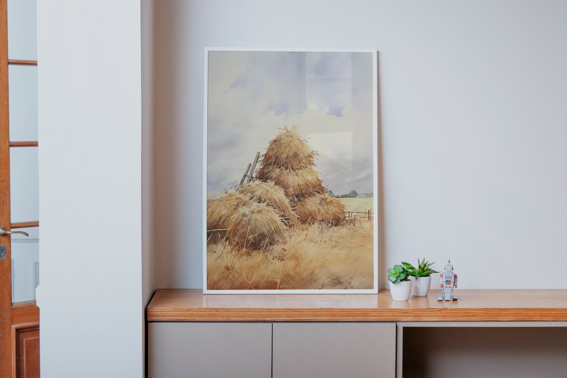 Golden Haystacks Watercolor Field Rustic Farm Harvest Scene Poster - Image 3